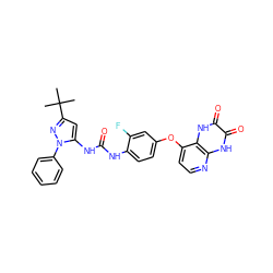 CC(C)(C)c1cc(NC(=O)Nc2ccc(Oc3ccnc4[nH]c(=O)c(=O)[nH]c34)cc2F)n(-c2ccccc2)n1 ZINC000058575712