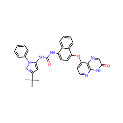 CC(C)(C)c1cc(NC(=O)Nc2ccc(Oc3ccnc4[nH]c(=O)cnc34)c3ccccc23)n(-c2ccccc2)n1 ZINC000058599976