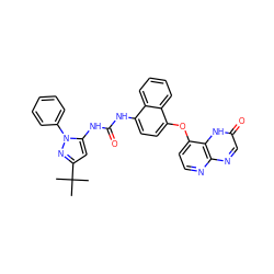CC(C)(C)c1cc(NC(=O)Nc2ccc(Oc3ccnc4ncc(=O)[nH]c34)c3ccccc23)n(-c2ccccc2)n1 ZINC000058583663