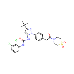 CC(C)(C)c1cc(NC(=O)Nc2cccc(Cl)c2Cl)n(-c2ccc(CC(=O)N3CCS(=O)(=O)CC3)cc2)n1 ZINC000064746539