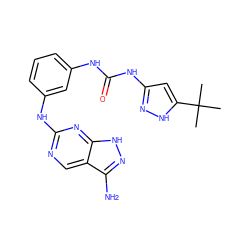 CC(C)(C)c1cc(NC(=O)Nc2cccc(Nc3ncc4c(N)n[nH]c4n3)c2)n[nH]1 ZINC000084732132