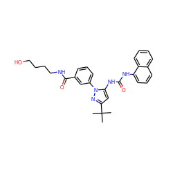 CC(C)(C)c1cc(NC(=O)Nc2cccc3ccccc23)n(-c2cccc(C(=O)NCCCCO)c2)n1 ZINC000063540257