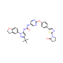 CC(C)(C)c1cc(NC(=O)Nc2cnc(Oc3ccc(-c4cnc(N5CCCC5=O)s4)cc3)nc2)n(-c2ccc3c(c2)CCO3)n1 ZINC000223444507