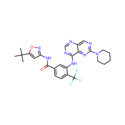 CC(C)(C)c1cc(NC(=O)c2ccc(C(F)(F)F)c(Nc3ncnc4cnc(N5CCCCC5)nc34)c2)no1 ZINC000148082118