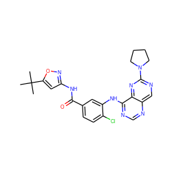 CC(C)(C)c1cc(NC(=O)c2ccc(Cl)c(Nc3ncnc4cnc(N5CCCC5)nc34)c2)no1 ZINC000148087069