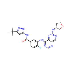 CC(C)(C)c1cc(NC(=O)c2ccc(F)c(Nc3ncnc4cnc(N[C@@H]5CCOC5)nc34)c2)[nH]n1 ZINC000148274326