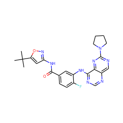 CC(C)(C)c1cc(NC(=O)c2ccc(F)c(Nc3ncnc4cnc(N5CCCC5)nc34)c2)no1 ZINC000148092707