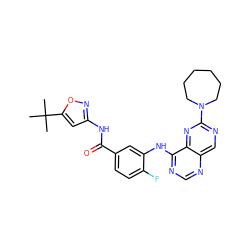 CC(C)(C)c1cc(NC(=O)c2ccc(F)c(Nc3ncnc4cnc(N5CCCCCC5)nc34)c2)no1 ZINC000148089826