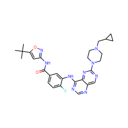 CC(C)(C)c1cc(NC(=O)c2ccc(F)c(Nc3ncnc4cnc(N5CCN(CC6CC6)CC5)nc34)c2)no1 ZINC000148275888