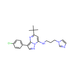 CC(C)(C)c1cc(NCCCn2ccnc2)n2ncc(-c3ccc(Cl)cc3)c2n1 ZINC000013135622