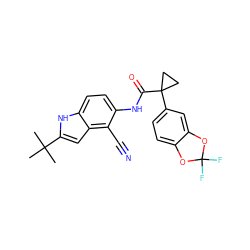 CC(C)(C)c1cc2c(C#N)c(NC(=O)C3(c4ccc5c(c4)OC(F)(F)O5)CC3)ccc2[nH]1 ZINC000068206928