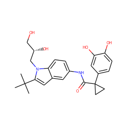 CC(C)(C)c1cc2cc(NC(=O)C3(c4ccc(O)c(O)c4)CC3)ccc2n1C[C@@H](O)CO ZINC000116252626