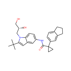 CC(C)(C)c1cc2cc(NC(=O)C3(c4ccc5c(c4)CCC5)CC3)ccc2n1C[C@@H](O)CO ZINC000116250988