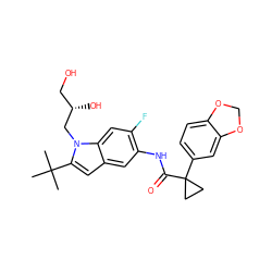 CC(C)(C)c1cc2cc(NC(=O)C3(c4ccc5c(c4)OCO5)CC3)c(F)cc2n1C[C@@H](O)CO ZINC000068206917