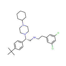 CC(C)(C)c1ccc([C@@H](CNCCc2cc(Cl)cc(Cl)c2)N2CCN(C3CCCCC3)CC2)cc1 ZINC000028523546