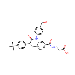 CC(C)(C)c1ccc([C@@H](Cc2ccc(C(=O)NCCC(=O)O)cc2)C(=O)Nc2ccc(CO)cc2)cc1 ZINC000026179797