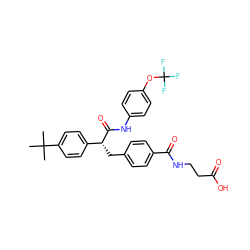 CC(C)(C)c1ccc([C@@H](Cc2ccc(C(=O)NCCC(=O)O)cc2)C(=O)Nc2ccc(OC(F)(F)F)cc2)cc1 ZINC000026172501