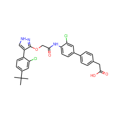 CC(C)(C)c1ccc(-c2c[nH]nc2OCC(=O)Nc2ccc(-c3ccc(CC(=O)O)cc3)cc2Cl)c(Cl)c1 ZINC000044430690