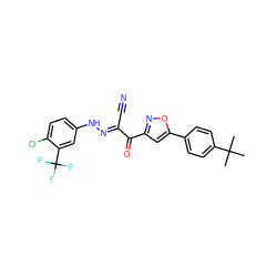 CC(C)(C)c1ccc(-c2cc(C(=O)/C(C#N)=N/Nc3ccc(Cl)c(C(F)(F)F)c3)no2)cc1 ZINC001772655164