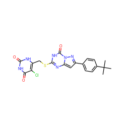 CC(C)(C)c1ccc(-c2cc3nc(SCc4[nH]c(=O)[nH]c(=O)c4Cl)[nH]c(=O)n3n2)cc1 ZINC000103288836