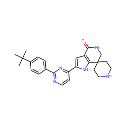 CC(C)(C)c1ccc(-c2nccc(-c3cc4c([nH]3)C3(CCNCC3)CNC4=O)n2)cc1 ZINC000071341196