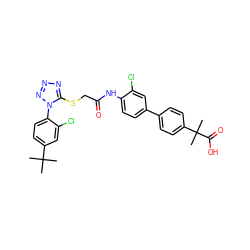 CC(C)(C)c1ccc(-n2nnnc2SCC(=O)Nc2ccc(-c3ccc(C(C)(C)C(=O)O)cc3)cc2Cl)c(Cl)c1 ZINC000028823593