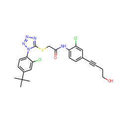 CC(C)(C)c1ccc(-n2nnnc2SCC(=O)Nc2ccc(C#CCCO)cc2Cl)c(Cl)c1 ZINC000028823596