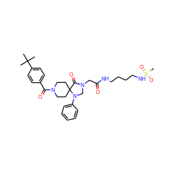 CC(C)(C)c1ccc(C(=O)N2CCC3(CC2)C(=O)N(CC(=O)NCCCCNS(C)(=O)=O)CN3c2ccccc2)cc1 ZINC000066252566