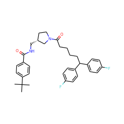 CC(C)(C)c1ccc(C(=O)NC[C@@H]2CCN(C(=O)CCCCC(c3ccc(F)cc3)c3ccc(F)cc3)C2)cc1 ZINC000084756815