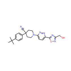 CC(C)(C)c1ccc(C2(C#N)CCN(c3ccc(-c4nc(CO)no4)nn3)CC2)cc1 ZINC001772610787