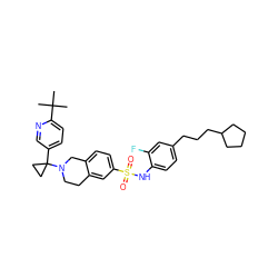 CC(C)(C)c1ccc(C2(N3CCc4cc(S(=O)(=O)Nc5ccc(CCCC6CCCC6)cc5F)ccc4C3)CC2)cn1 ZINC000261190550