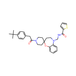 CC(C)(C)c1ccc(CC(=O)N2CCC3(CC2)CCN(CNC(=O)c2cccs2)c2ccccc2O3)cc1 ZINC000095596769