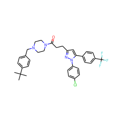 CC(C)(C)c1ccc(CN2CCN(C(=O)CCc3cc(-c4ccc(C(F)(F)F)cc4)n(-c4ccc(Cl)cc4)n3)CC2)cc1 ZINC000072120311