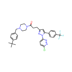 CC(C)(C)c1ccc(CN2CCN(C(=O)CCc3cc(-c4ccc(C(F)(F)F)cc4)n(-c4ccc(Cl)nn4)n3)CC2)cc1 ZINC000072120472