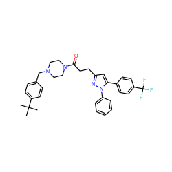 CC(C)(C)c1ccc(CN2CCN(C(=O)CCc3cc(-c4ccc(C(F)(F)F)cc4)n(-c4ccccc4)n3)CC2)cc1 ZINC000072119925