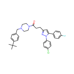 CC(C)(C)c1ccc(CN2CCN(C(=O)CCc3cc(-c4ccc(F)cc4)n(-c4ccc(Cl)cc4)n3)CC2)cc1 ZINC000072120310