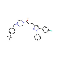 CC(C)(C)c1ccc(CN2CCN(C(=O)CCc3cc(-c4ccc(F)cc4)n(-c4ccccc4)n3)CC2)cc1 ZINC000072119892