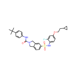 CC(C)(C)c1ccc(NC(=O)N2Cc3ccc(S(=O)(=O)Nc4ccc(OCCC5CC5)cc4F)cc3C2)cc1 ZINC000261079555