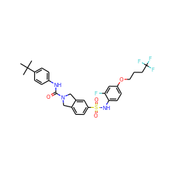 CC(C)(C)c1ccc(NC(=O)N2Cc3ccc(S(=O)(=O)Nc4ccc(OCCCC(F)(F)F)cc4F)cc3C2)cc1 ZINC000220172365