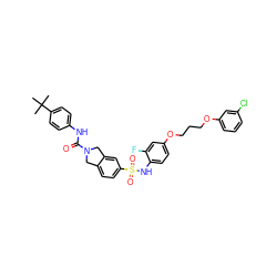 CC(C)(C)c1ccc(NC(=O)N2Cc3ccc(S(=O)(=O)Nc4ccc(OCCCOc5cccc(Cl)c5)cc4F)cc3C2)cc1 ZINC000261179702