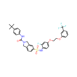 CC(C)(C)c1ccc(NC(=O)N2Cc3ccc(S(=O)(=O)Nc4ccc(OCCOc5cccc(C(F)(F)F)c5)cc4F)cc3C2)cc1 ZINC000261072188