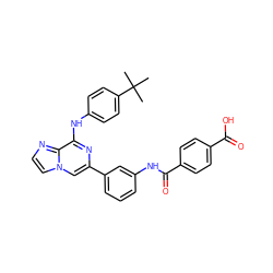 CC(C)(C)c1ccc(Nc2nc(-c3cccc(NC(=O)c4ccc(C(=O)O)cc4)c3)cn3ccnc23)cc1 ZINC000169343960