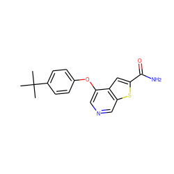 CC(C)(C)c1ccc(Oc2cncc3sc(C(N)=O)cc23)cc1 ZINC000013864400