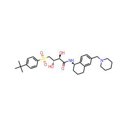 CC(C)(C)c1ccc(S(=O)(=O)C[C@@H](O)[C@@H](O)C(=O)N[C@@H]2CCCc3cc(CN4CCCCC4)ccc32)cc1 ZINC000049872419