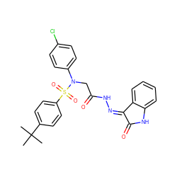 CC(C)(C)c1ccc(S(=O)(=O)N(CC(=O)N/N=C2/C(=O)Nc3ccccc32)c2ccc(Cl)cc2)cc1 ZINC000013677356