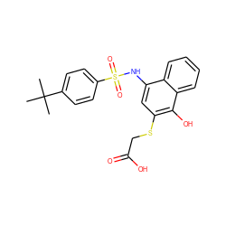 CC(C)(C)c1ccc(S(=O)(=O)Nc2cc(SCC(=O)O)c(O)c3ccccc23)cc1 ZINC000000645681