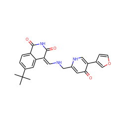 CC(C)(C)c1ccc2c(c1)/C(=C/NCc1cc(=O)c(-c3ccoc3)c[nH]1)C(=O)NC2=O ZINC000045498083