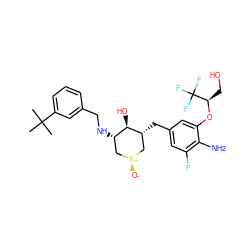 CC(C)(C)c1cccc(CN[C@H]2C[S@+]([O-])C[C@@H](Cc3cc(F)c(N)c(O[C@H](CO)C(F)(F)F)c3)[C@@H]2O)c1 ZINC000169300296