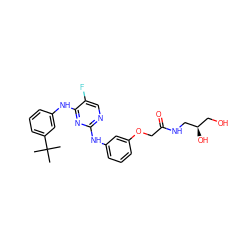 CC(C)(C)c1cccc(Nc2nc(Nc3cccc(OCC(=O)NC[C@H](O)CO)c3)ncc2F)c1 ZINC000034607998