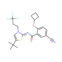 CC(C)(C)c1cn(CCC(F)(F)F)/c(=N/C(=O)c2cc(C#N)ccc2OC2CCC2)s1 ZINC000114894000